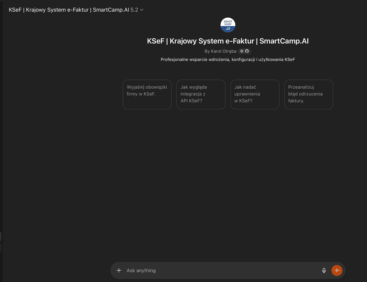Chatbot KSeF — ekran startowy asystenta AI